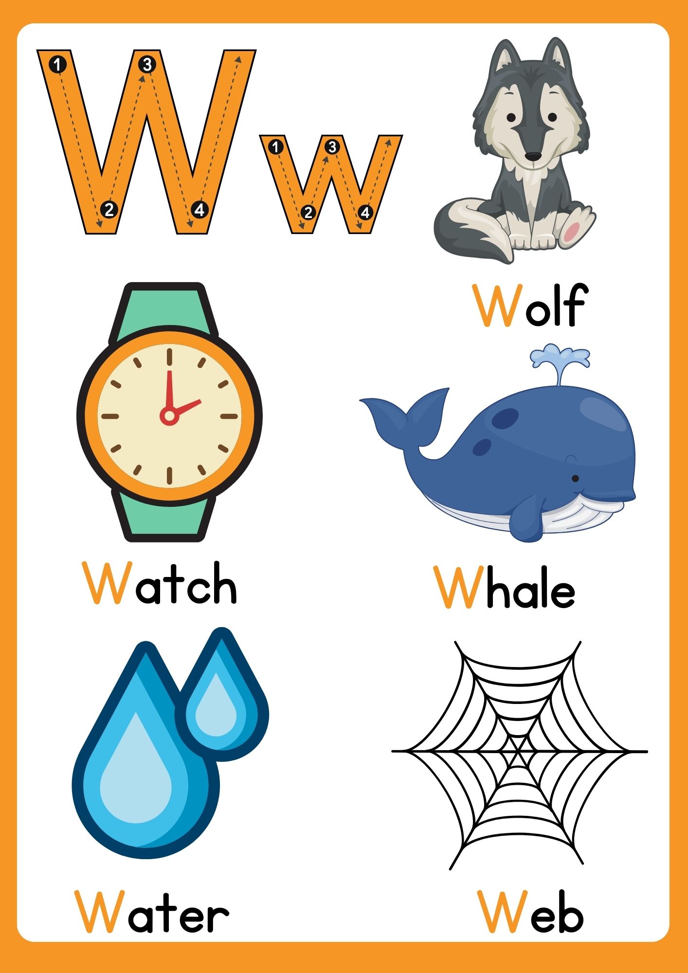 Letter w flashcard with words 3